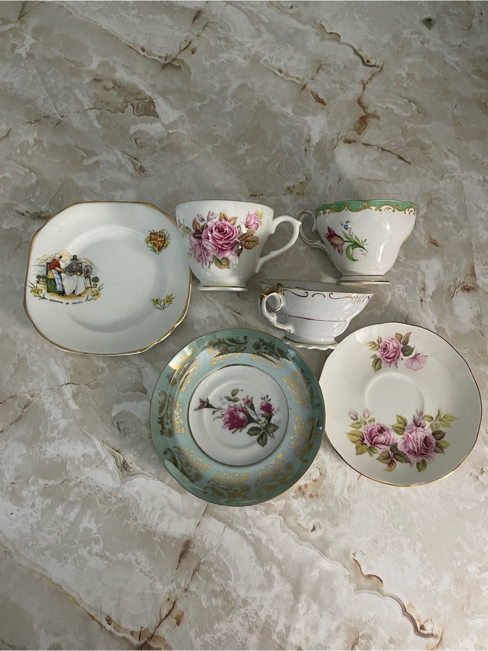 Assorted Floral Porcelain Teacup and Saucer Set - Pink Rose Accents